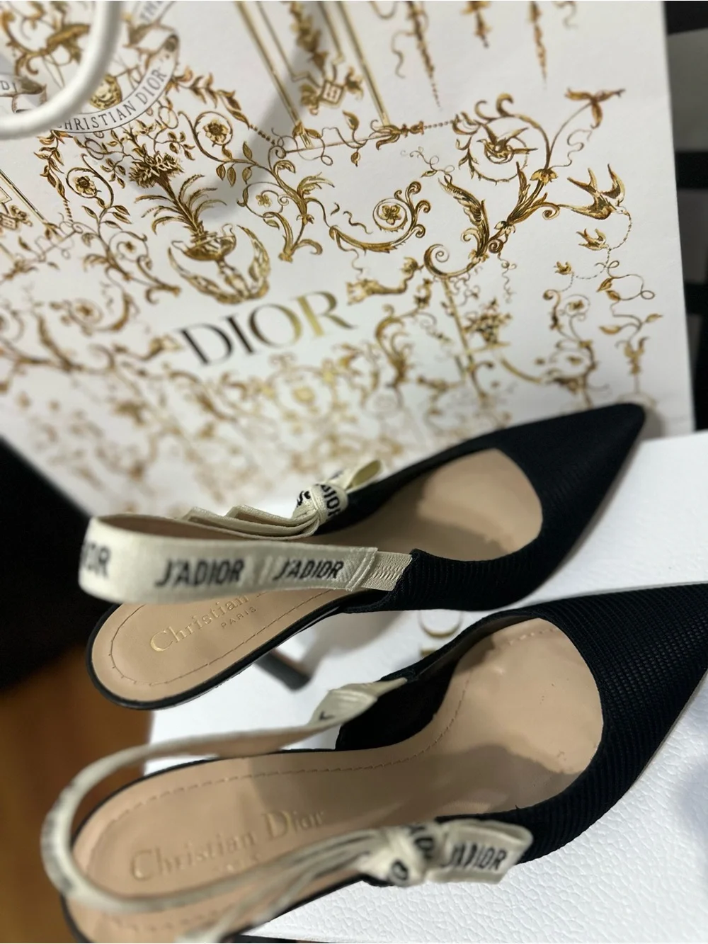 Dior Black Slingback Heels with J'Adior Ivory Ribbon